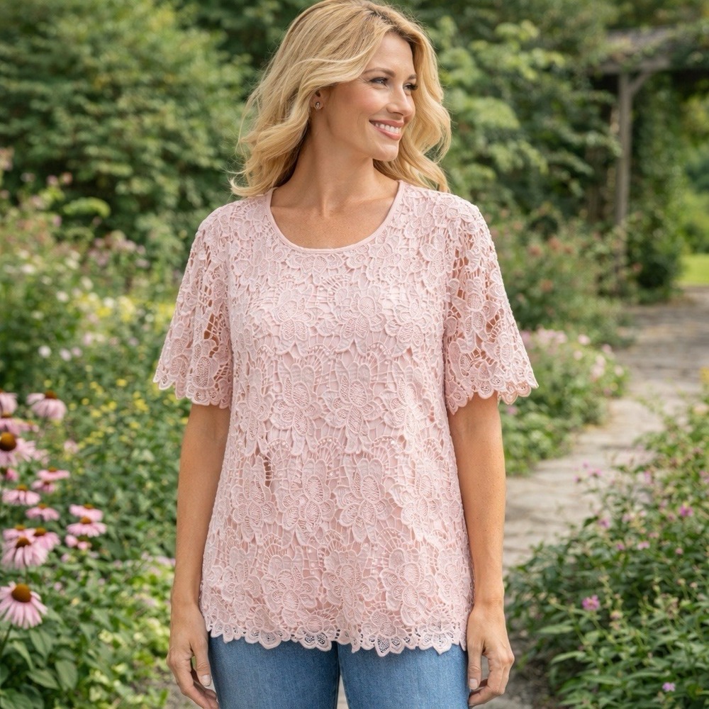 NEW Philosophy Blush Pink All‎ Over Lace Floral Blouse Feminine Dainty Fairy XXL